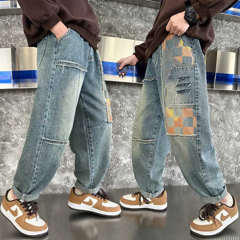 Boys Stylish High Street Hiphop Denim Jeans Childrens Casual Patchwork Pants Fashion School Kids Designer Trousers 414Year oldT251017