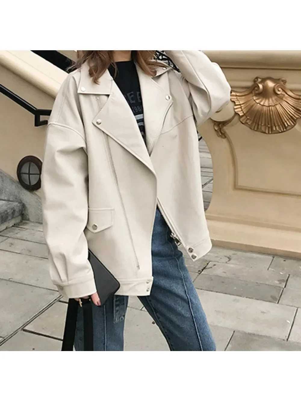PU Loose Motorcycle Jackets Female Faux Leather Jacket Women Casual Streetwear Oversized Coat Korean Chic New SpringT251017