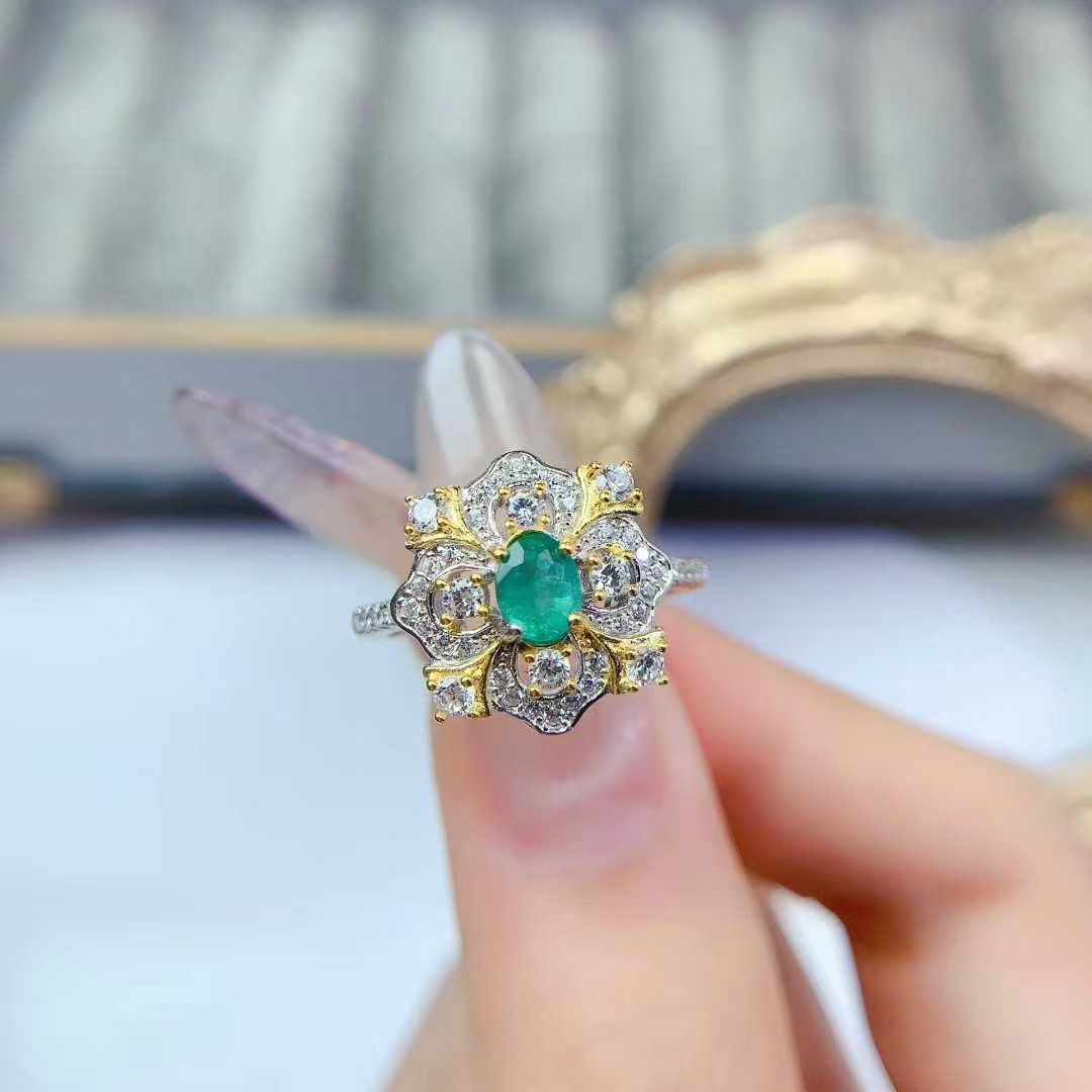 Antique look 925 silver ring natural emerald ring with certificate 4mm*6mm Colombia emerald jewelry with 18K gold plating