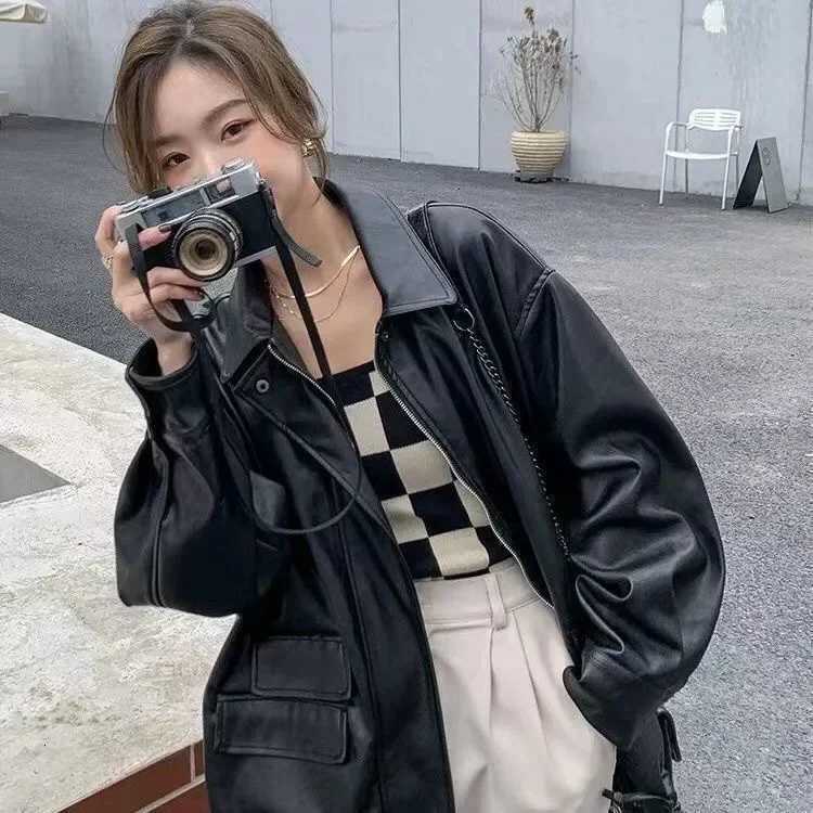 Spring Autumn Oversized Casual Waterproof Black Soft Pu Leather Jacket Women with Drop Shoulder Long Sleeve Fashion 2023T251017