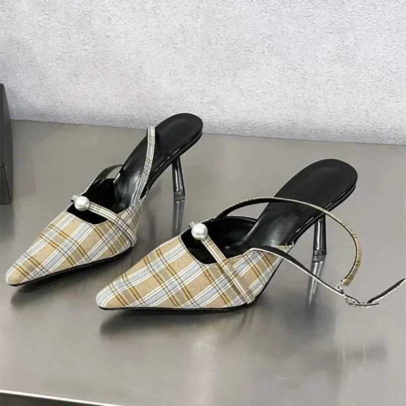 Retro Plaid Design High Heels Women Summer Elegant Slingbacks Heeled Sandals Sexy Pointed Toe Women Pumps Sandalias De Mujer Z251015