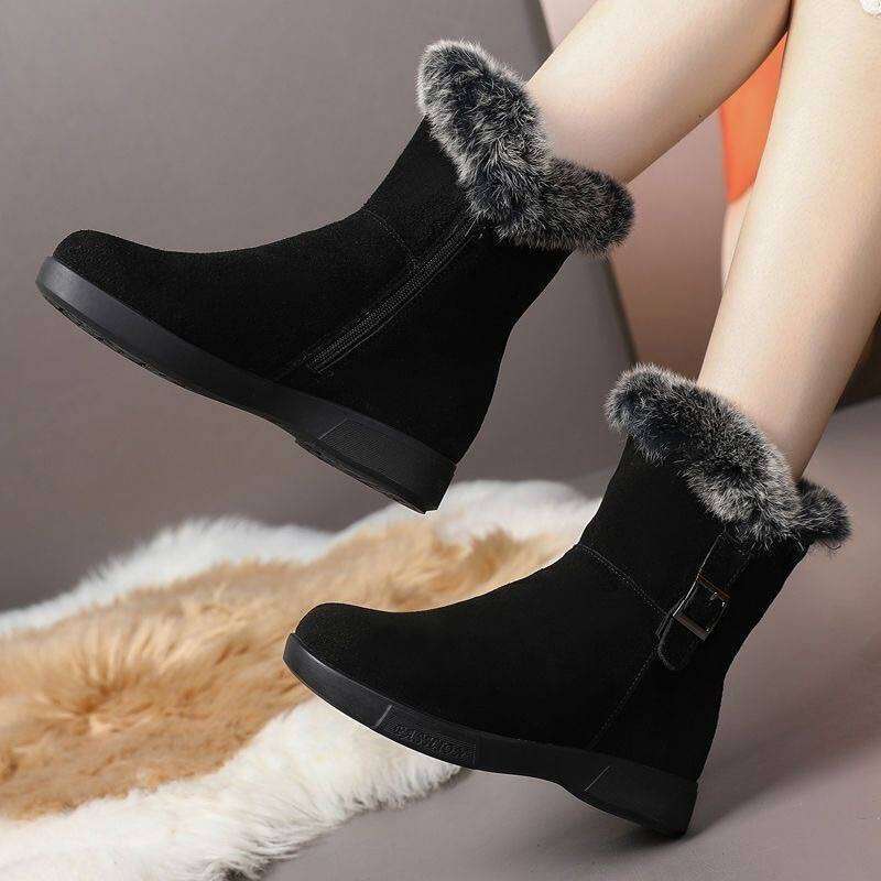 Women's Winter Plush New Flat Bottom Rabbit Fur Thick Snow Boots