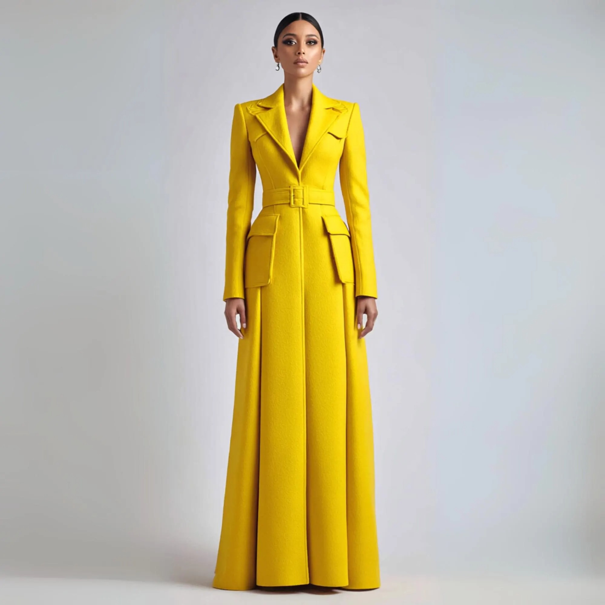 Women Bright Yellow Long Coat Customized Slim Fit Formal Business Blazer Coat For Lady Evening Party Prom Warm Wear One Piece