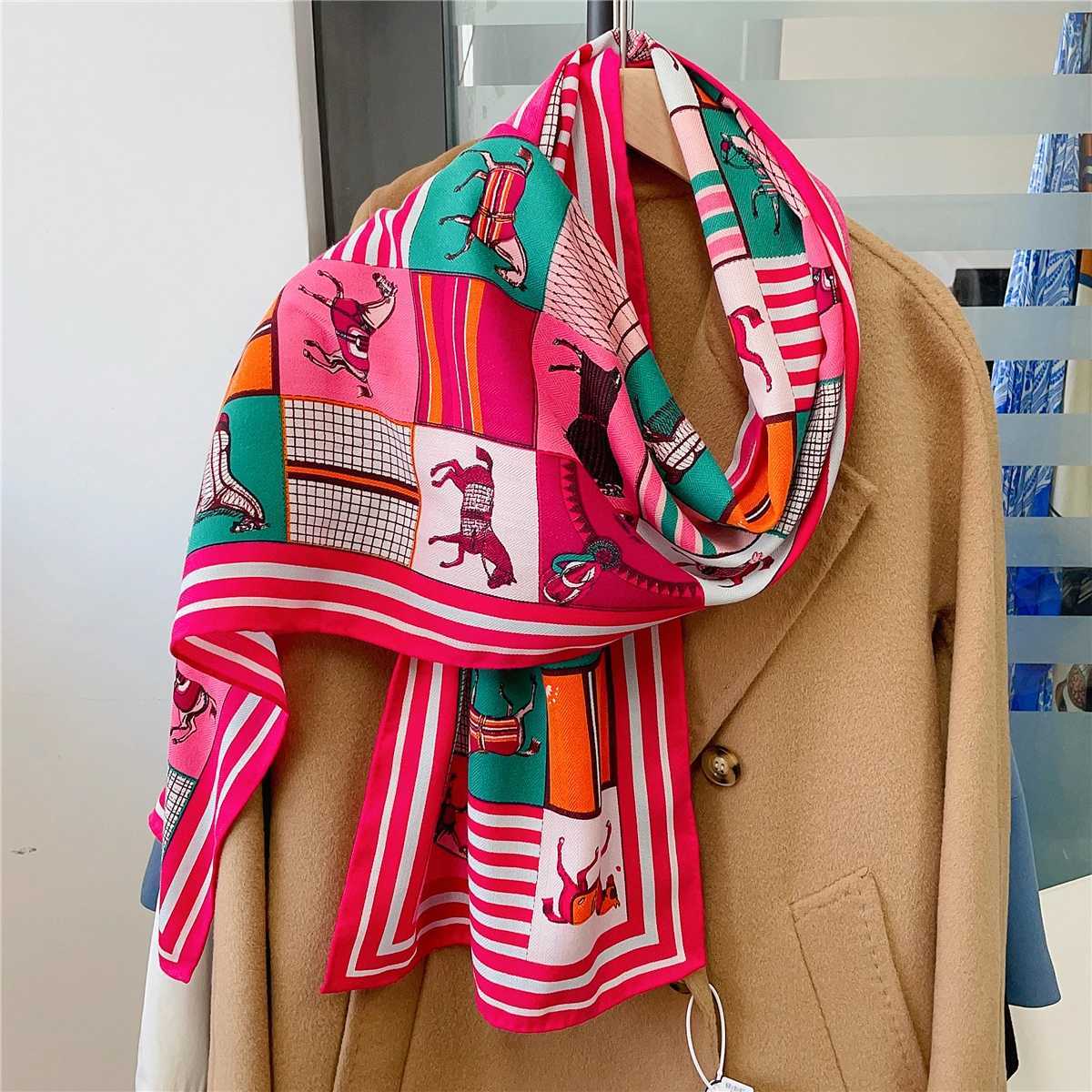 160x33CM Luxury Winter Silk Cashmere Scarf Women Plaid Horses Manual Hand Rolled Shawls Warm Long Scarves Wraps Bandana C251017