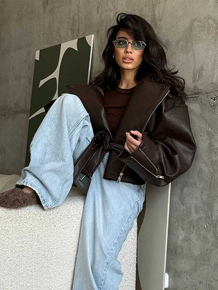 PU Leather Jacket For Women Zipper Turndown Collar Loose Fashion Coat Luxury Brown 2025 Spring Street Motorcycle Overcoat TopT251017