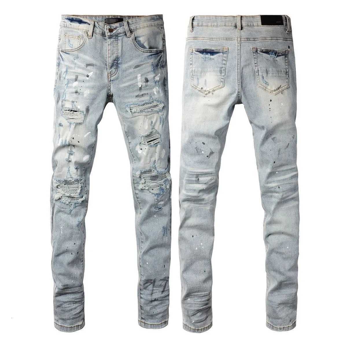 New Mens Slim Fit Jeans Trendy Brand Patchwork Elastic Paint Splatter Light Colored High Street Long Pants Casual Youth Sle1 Y251105
