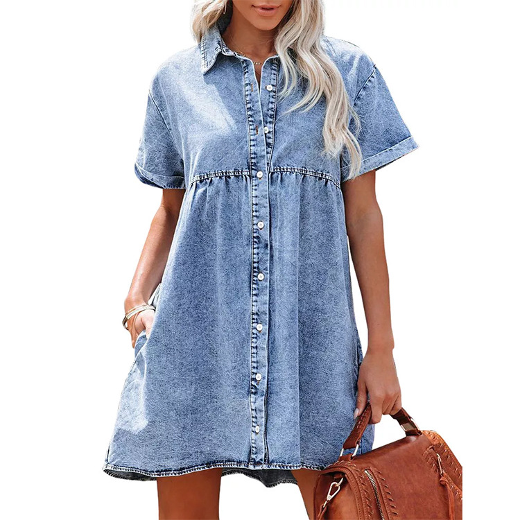 G1017Hot selling European and American washed denim lapel loose sweet ruffle dress short skirt