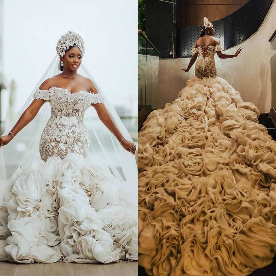 Luxury Mermaid Wedding Dress Off Shoulder Bridal Gowns Shine Appliques 3D-Lace Flower Tail Vestina De Novia Plus Size Customized H252568