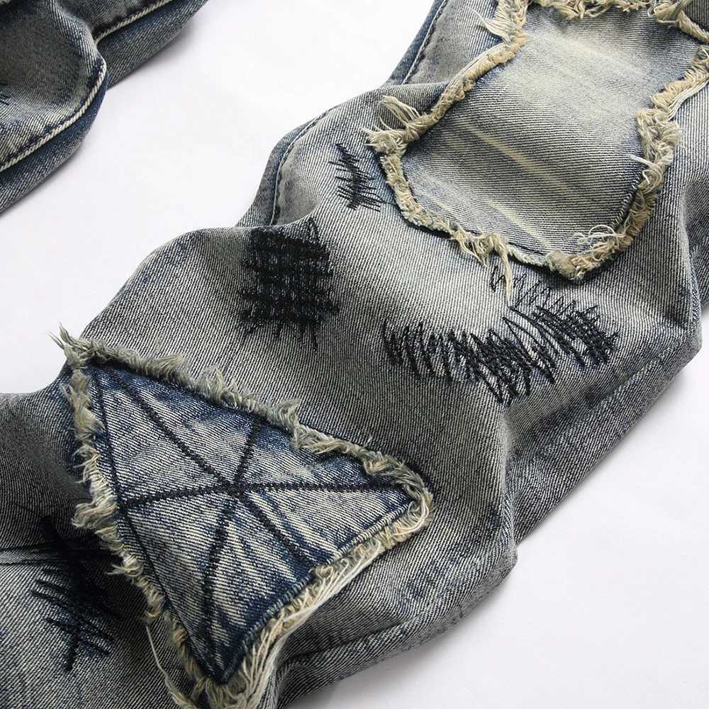 Mens Boot Cut Jeans Streetwear Patches Released Hem Pants Vintage Blue Embroidery Patchwork Flared Trousers Y251105