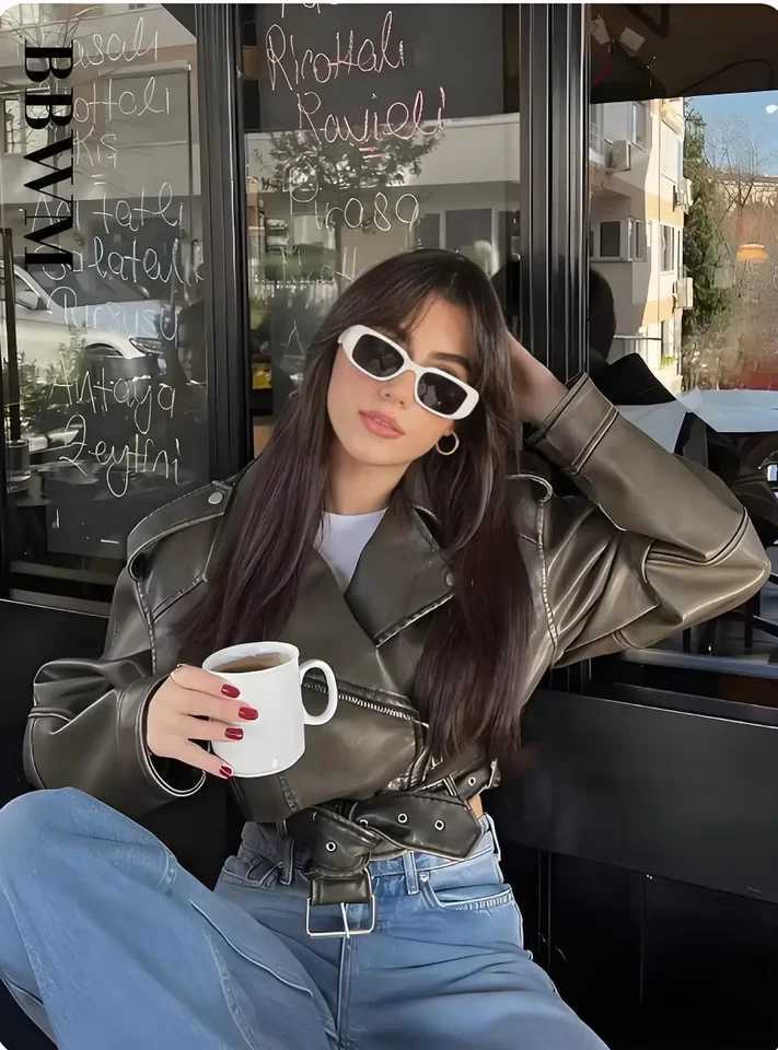 Women Vintage Loose Washed Faux Leather Short Jacket Streetwear Female Zipper Belt Moto Biker Retro Coat Outwear TopsT251017