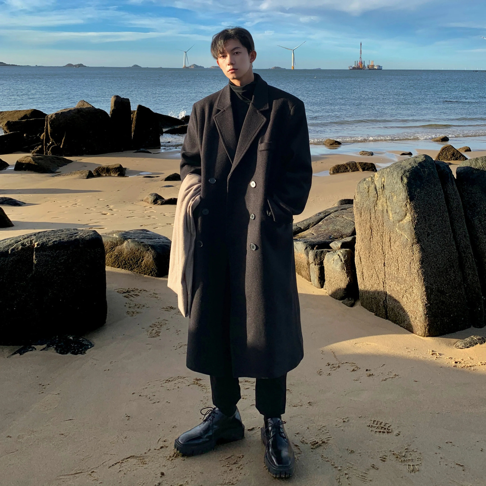 Winter Long Trenchcoat Men Koreanstyle Solid Double Breasted Woolen Coat Loose Casual Trench Outwear Solid Color Overcoats 251015