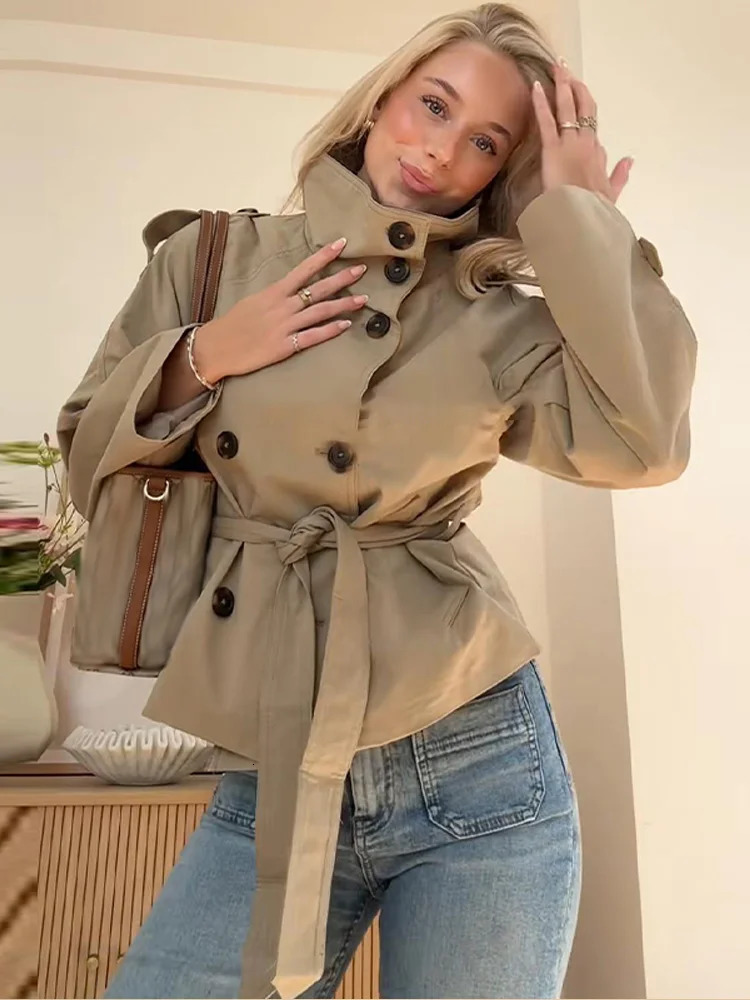 Belted Waist Cropped Trench Double Breasted Stand Collar 2025 Autumn Chic Elegant Women Coat Casual Vintage Office Lady Jacket 251017