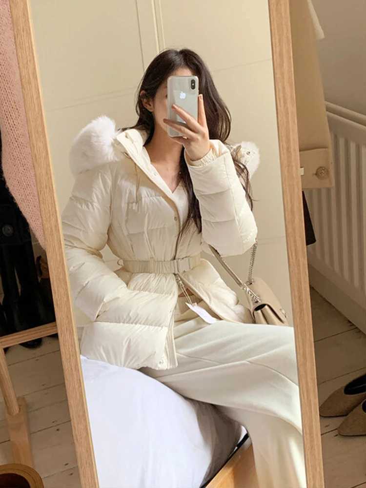 Winter Thiened ort Hooded Du down Jaet Womens Fur Collar Slimming MidLength Korean Sle Memory Fabric Coat W251016