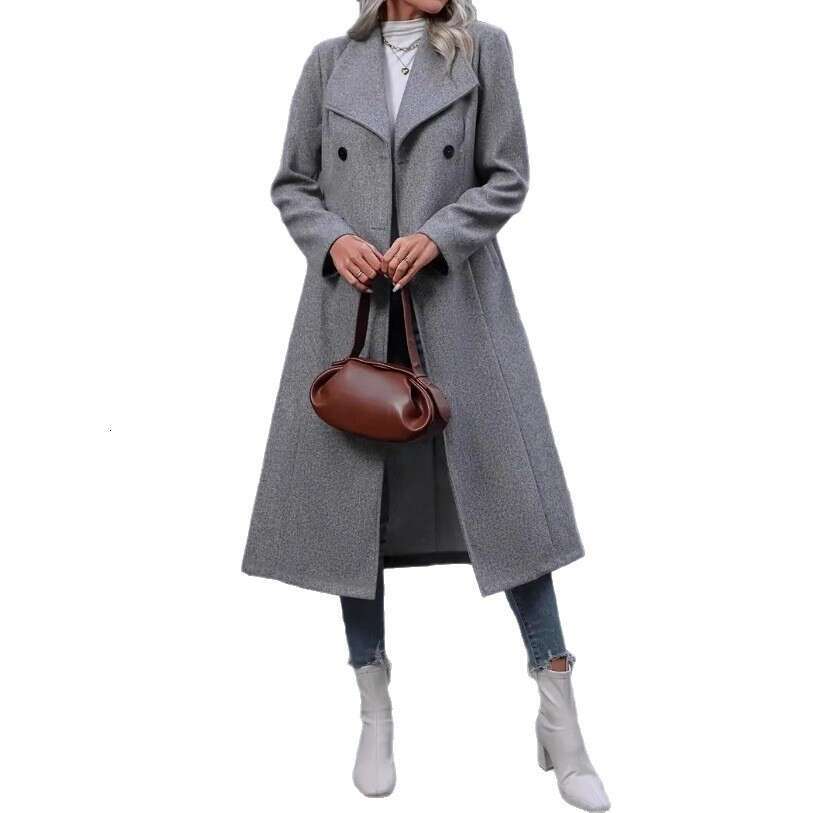 Women's Autumn Winter Woolen Coat Fashion Casual Turn-Down Collar Double-Breasted Windproof Long Slim-Fit Jacket For Women B5