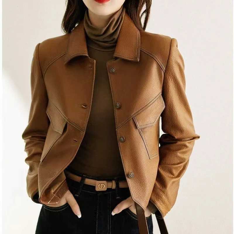 2024 Coat Womens FallWinter Explosions PU Leather Jacket New Ladies Western Style Short Denim Lapel Outwear Fashion Trend TopsT251017