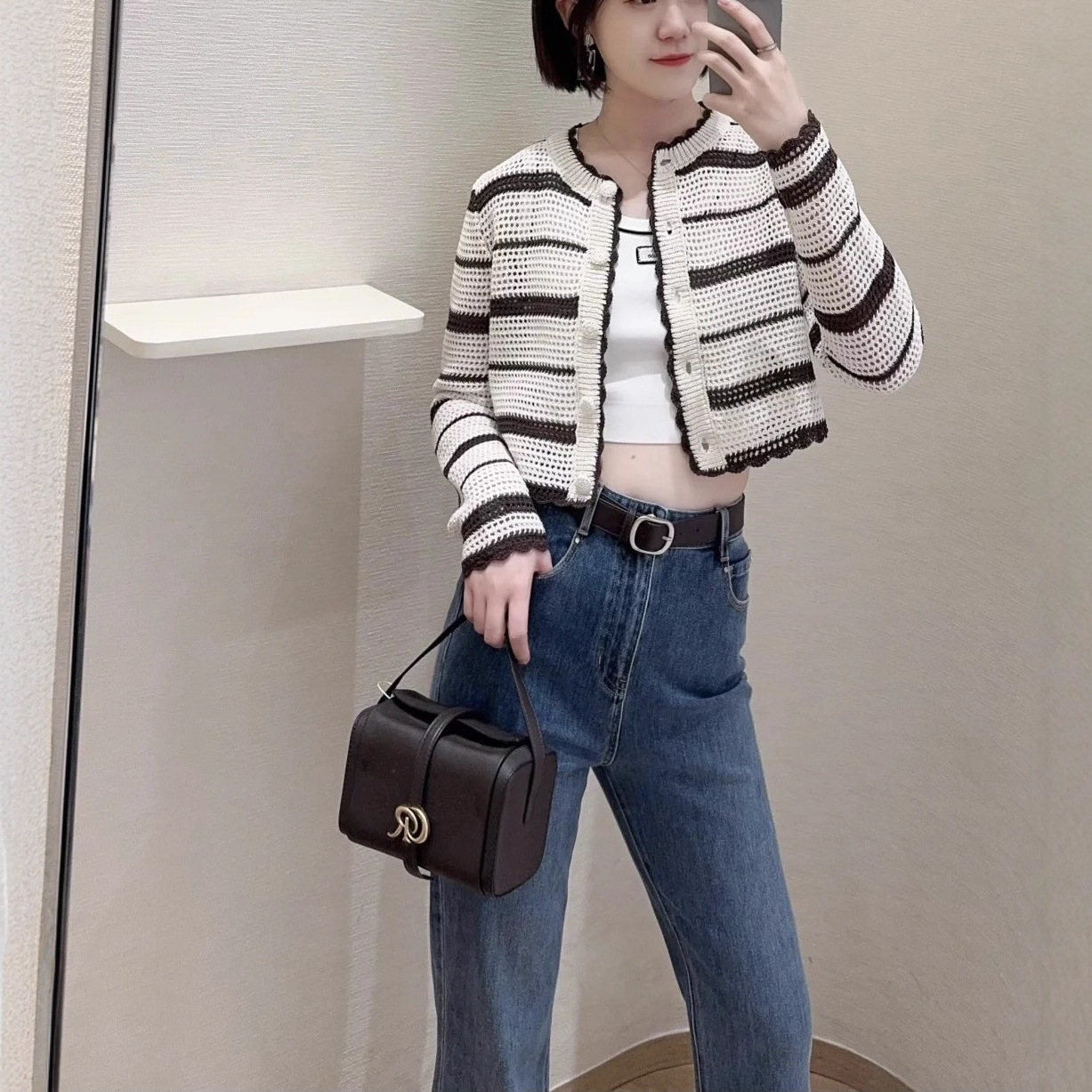 2025 Autumn New Fashion Striped Hand Crochet Lace Knit Cardigan for Women Short Sleeve Top Sweater for