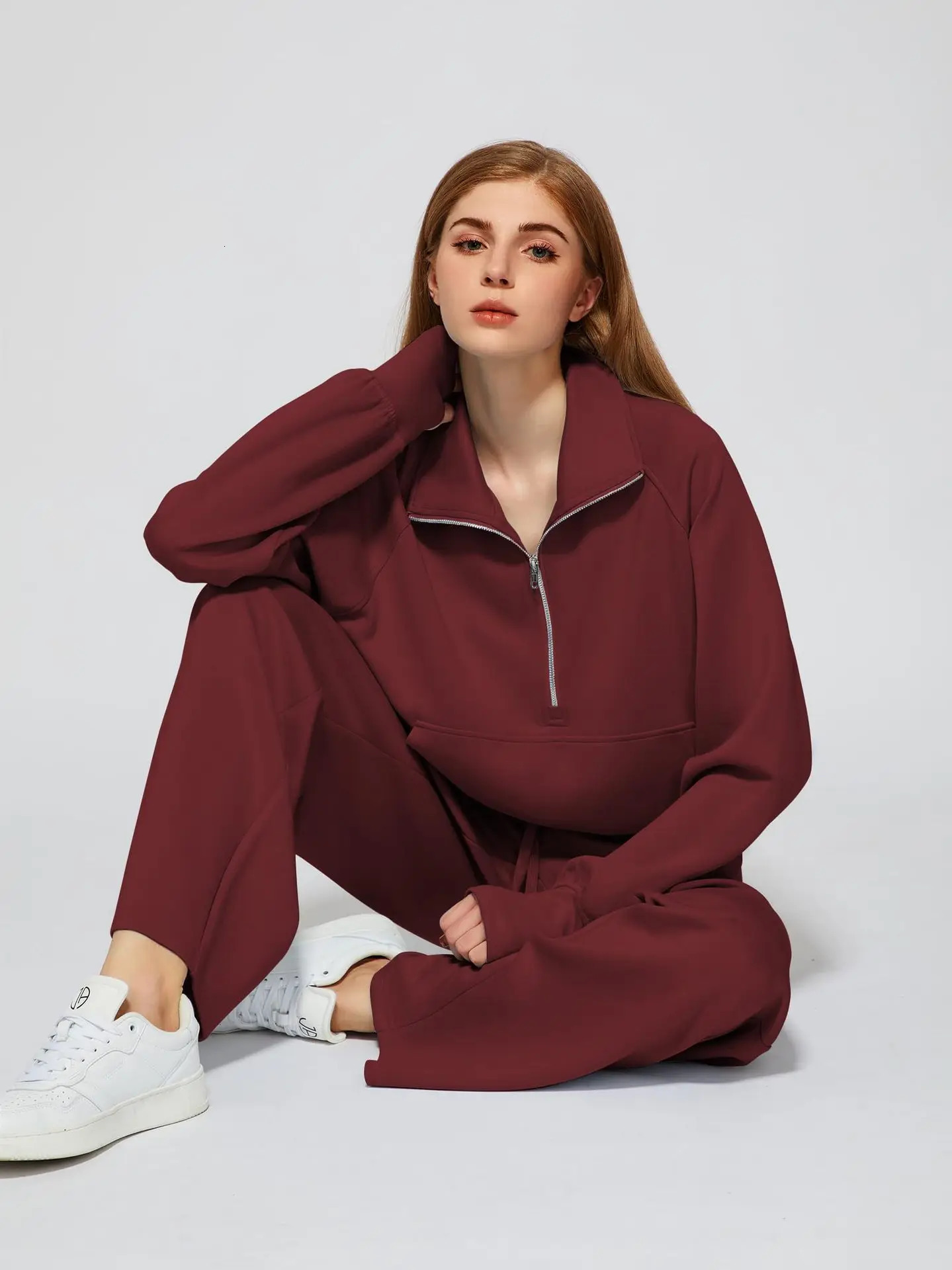 Woman Solid Color Half Zip Long Sleeve Sweatshirt and Wide Leg Pants Set Casual Sporty Two Piece Outfit 251014