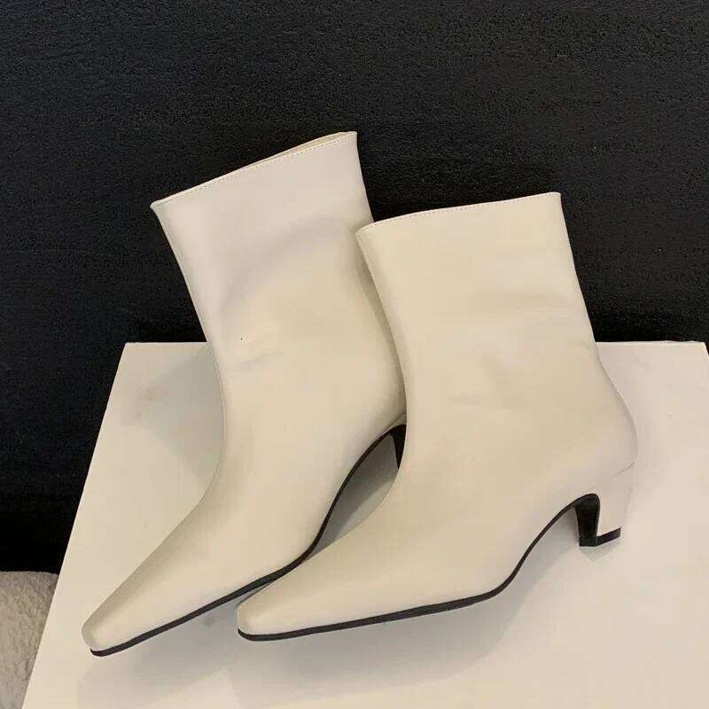 2026 White Elegant Pointed Toe Sewing Leisure Thin Heels Women Boots Mid-Calf Brown Shoes Spring/Autumn