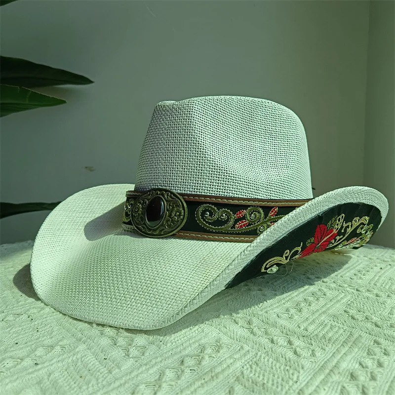 Western cowboy straw hat embroidery applique 2025 cowboy hat men and women sun hat summer brim hat sombrero 251015
