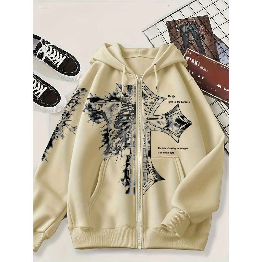 Women's Casual Black Zip-Up Hoodie With Cross & Lighing Bolt Graphic Front Zipper Closure, Hine Washable All-Season Streetwear, Streetwear Fashio