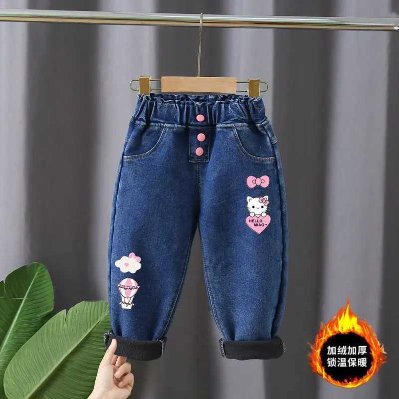 Korean version childrens jeans winter girls with plush thick High waist elastic cartoon printed jeans babies warm pants16YT251017