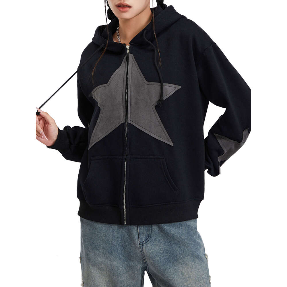 Women's Casual Print Jacket - Long Sleeve Zip-Up Drawstring Hoodie, Olive Green With Beige Star Panels, Polyester Blend, Hine Washable, All-Seaso