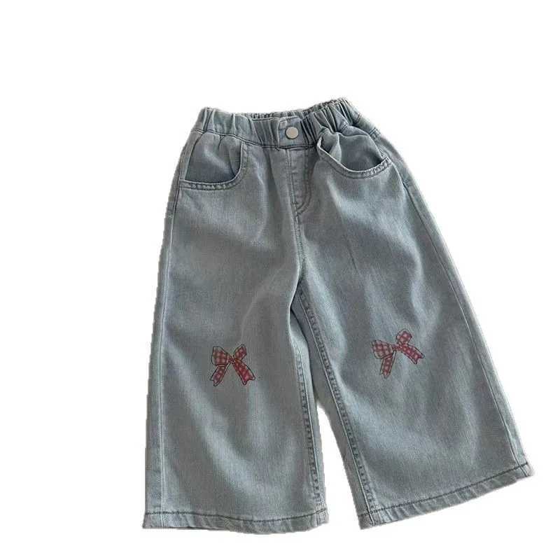 2025 Summer Kids Girls School Wide Leg Pants Korean Printed Bows Baby Girls Jeans Straight Denim Pant New Sweet Fashion 28yT251017