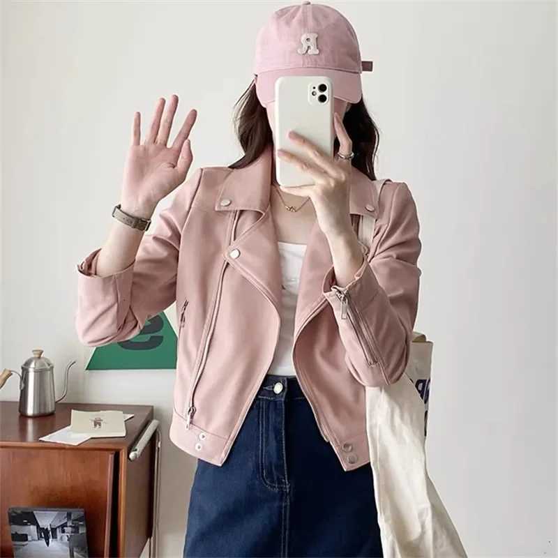 Autumn Women Korean Slim Short Faux Pu Leather Jacket Streetwear Pink Green Black Beige Lapel Long Sleeve Biker Jacket FemaleT251017