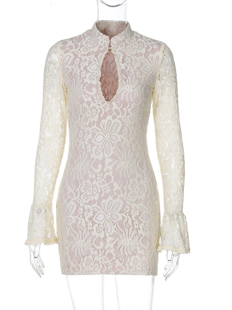 JULISSA MO Sexy Hollow Out Lace Women Dress Black Flare Sleeve Evening Dress Female Winter Skinny Elegant Party Club Outfit 251017