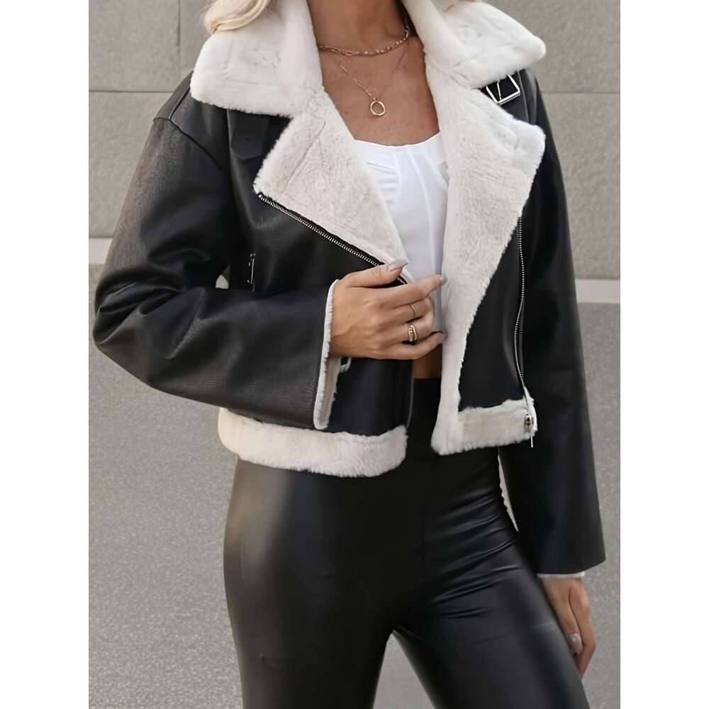 Elegant Coat Women's Jacket | Black Exterior With Cozy White Faux Fur Lining, Zippered Front Closure, Classic Collar, Functional Pocket Hine Wash
