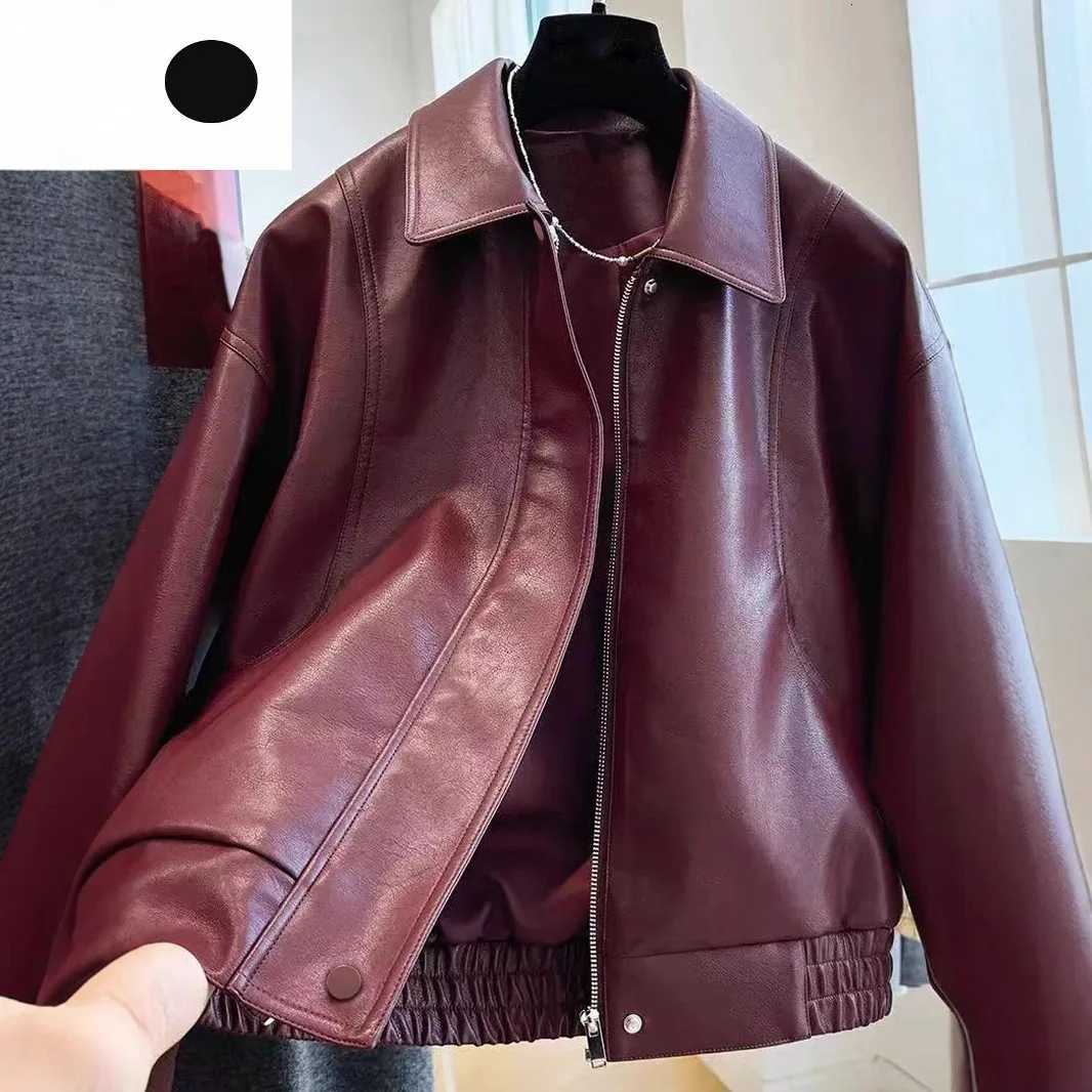 Faux Leather Women Coats Solid Jacket Turn Down Collar Long Sleeves Zippper Loose Fit Moto Casual Streetwear 2025 Autumn WinterT251017