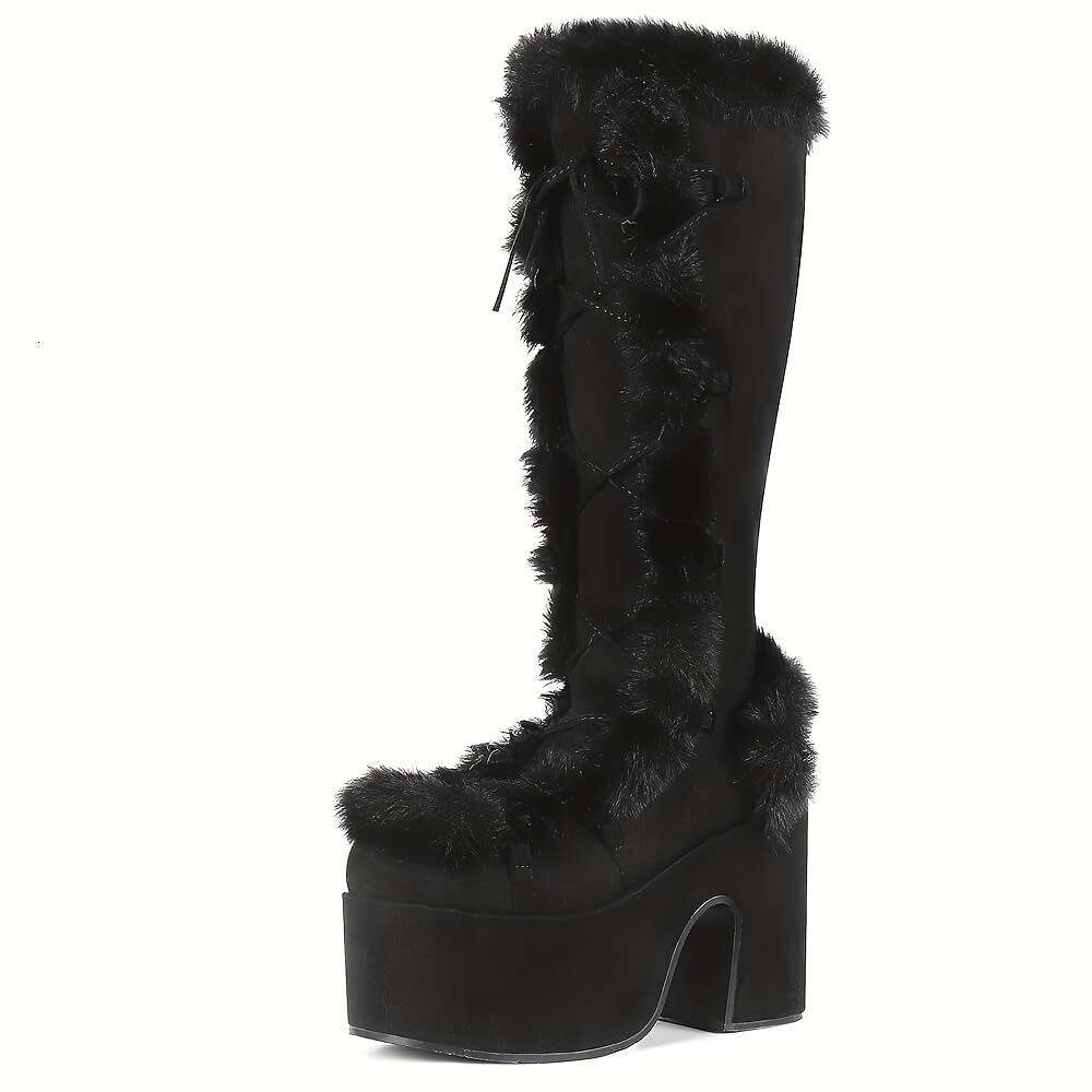 Women's Warm Stylish Snow Knee Boots Faux Fur Fuzzy Round Toe Chunky Block High Heel Lace Up Thick Bottom Platform Wedges Fashionable Comfortable