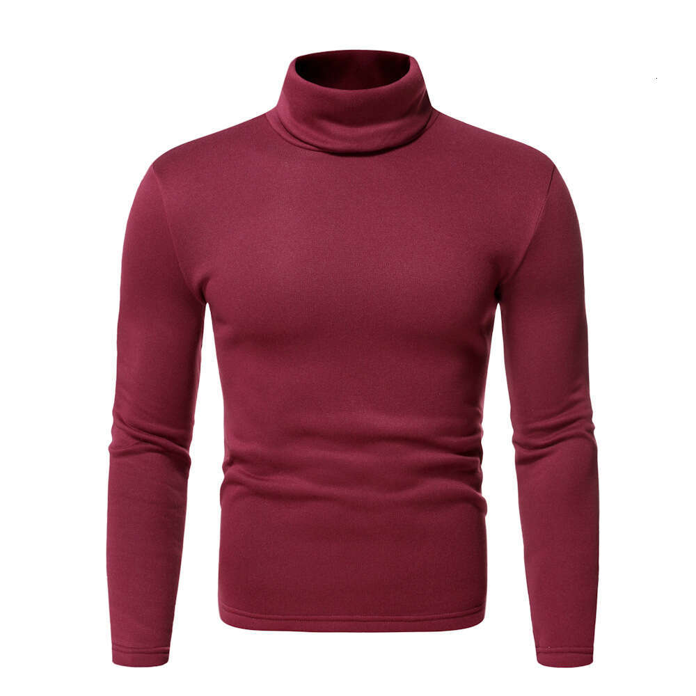 Autumn Winter New Men's High Collar Long Sleeve T-Shirt European Size Fleece Lined Solid Color Base Shirt Men 7 Colors B5