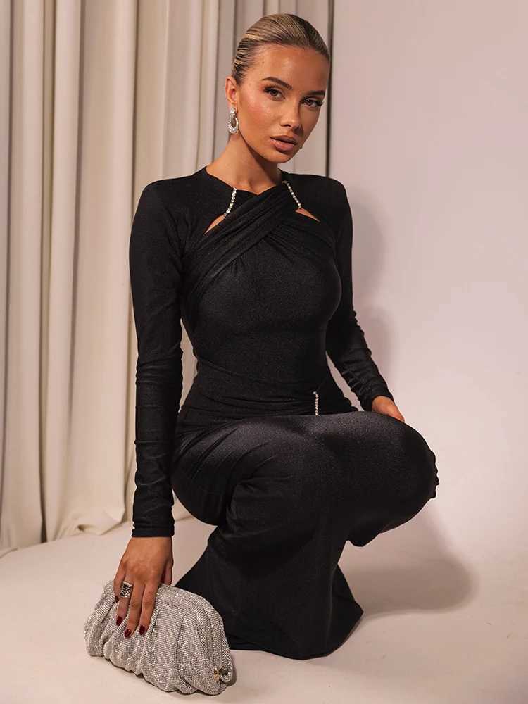 Mozision Hollow Out Long Sleeve Sexy Maxi Dress For Women Gown Fashion Solid Bodycon Ruched Club Evening Elegant Long Dress L251017