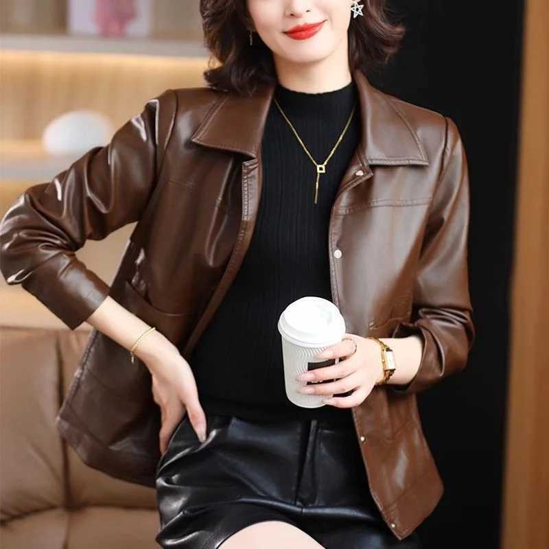 Brown PU leather Jackets Womens HighEnd New Spring Autumn Casual Short Jacket Leather MidAged Mother Coat Brown Leather CoatT251017