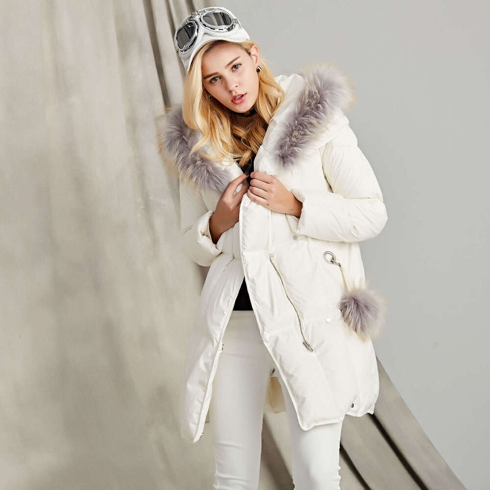 Winter New Goose Loose Style White Raccoon Fur Collar Thickened Down Jacket Women's Warmth