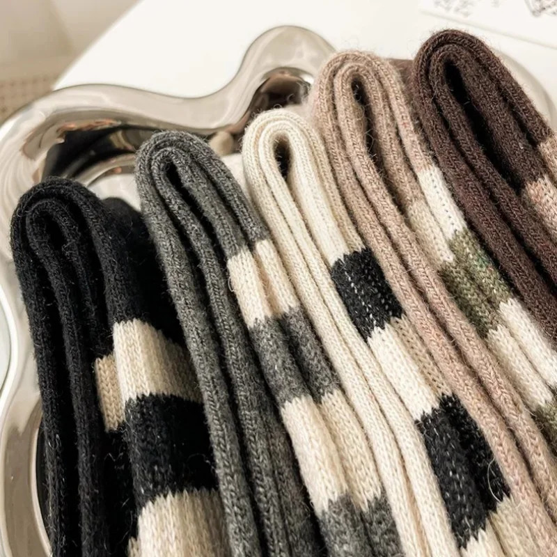 1 3 5 Pairs Women Striped Midcalf Socks Autumn Winter Thermal Knitted Socks Brown Retro Slouch Boot Socks Casual Daily EU 3542 251017
