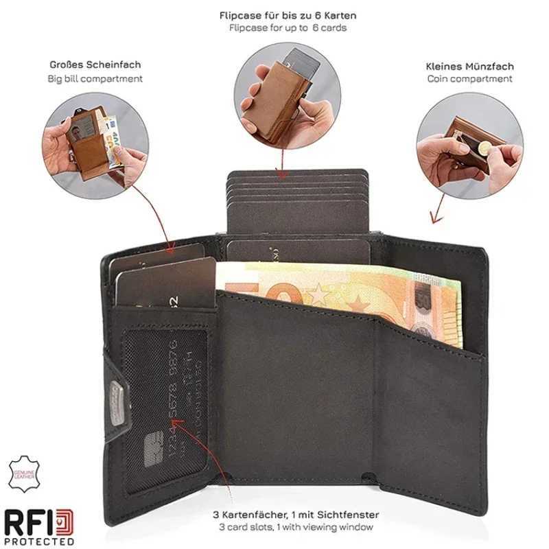 Popup Case HighQuality Card ID Holders Leather Mini Wallet Men RFID Small Purse Brown Black Coffee Carbon FiberW251017