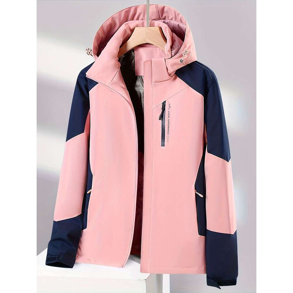 Windproof Jacket Windproof & Warm Women's Lightweight Winter Hooded Jacket | Color-Block Design With Zipper Front, Long Sleeves, And Adjustable H