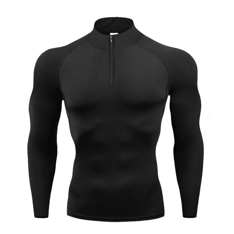 Solid Color Stand Collar Zipper T-Shirt Men Fitness Running Sports Long Sleeve Base Shirt Autumn Stretch Tight-Fitting Trendy