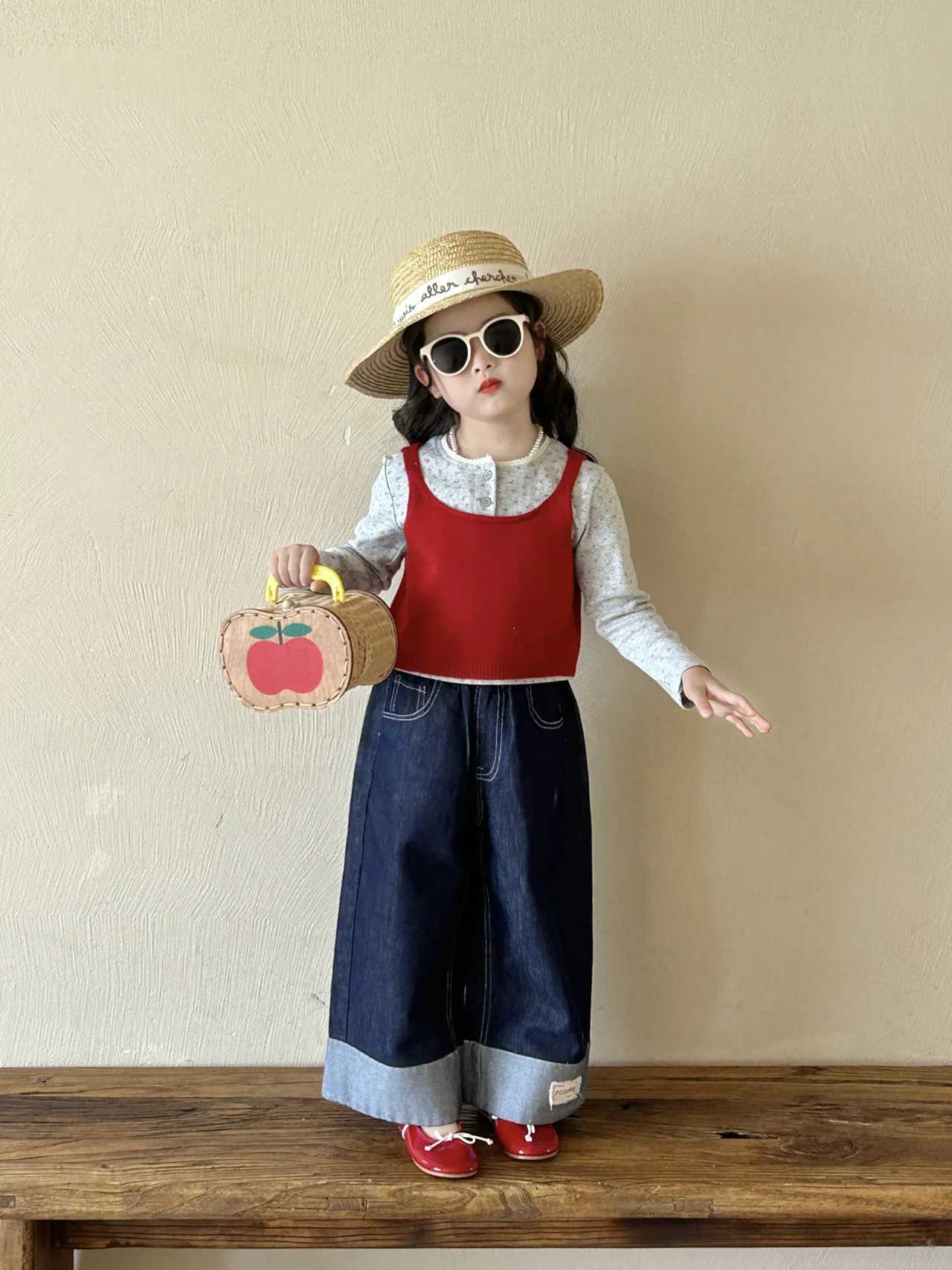 Children Denim Straight Leg Pants 2025 Spring Summer New Korean Girls Flip Up Pants Children Pants JeansT251017