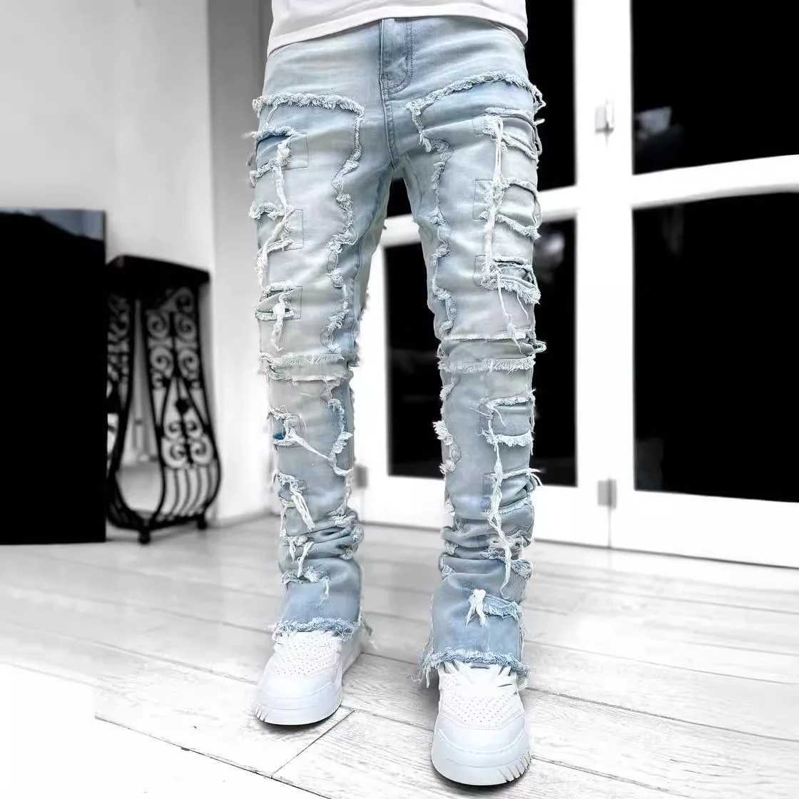 Mens Straight Leg Jeans Faionable Streetwear Elastic Patchwork Denim Long Trousers mid Waist Zipper Closure Cotton Blend Y251105
