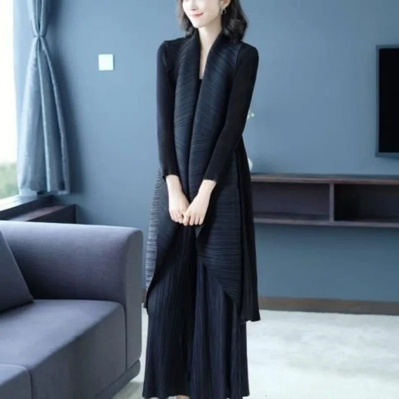 Pleated Coat Turn Down Collar Long Sleeve Midlength Trench Coat Oversized Windbreaker Cardigan Highend Chic Jackets 251013