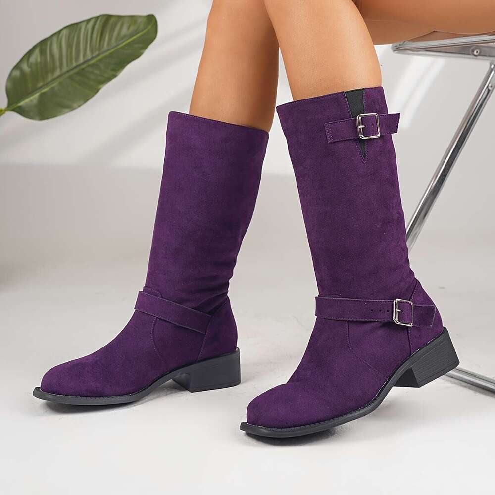 Women's Plus Size Suede Mid Calf Boots - Square Toe Chunky Heel With Buckle Strap, Faux Fur Upper Fabric Lining, Comfortable Slip-On Design For C