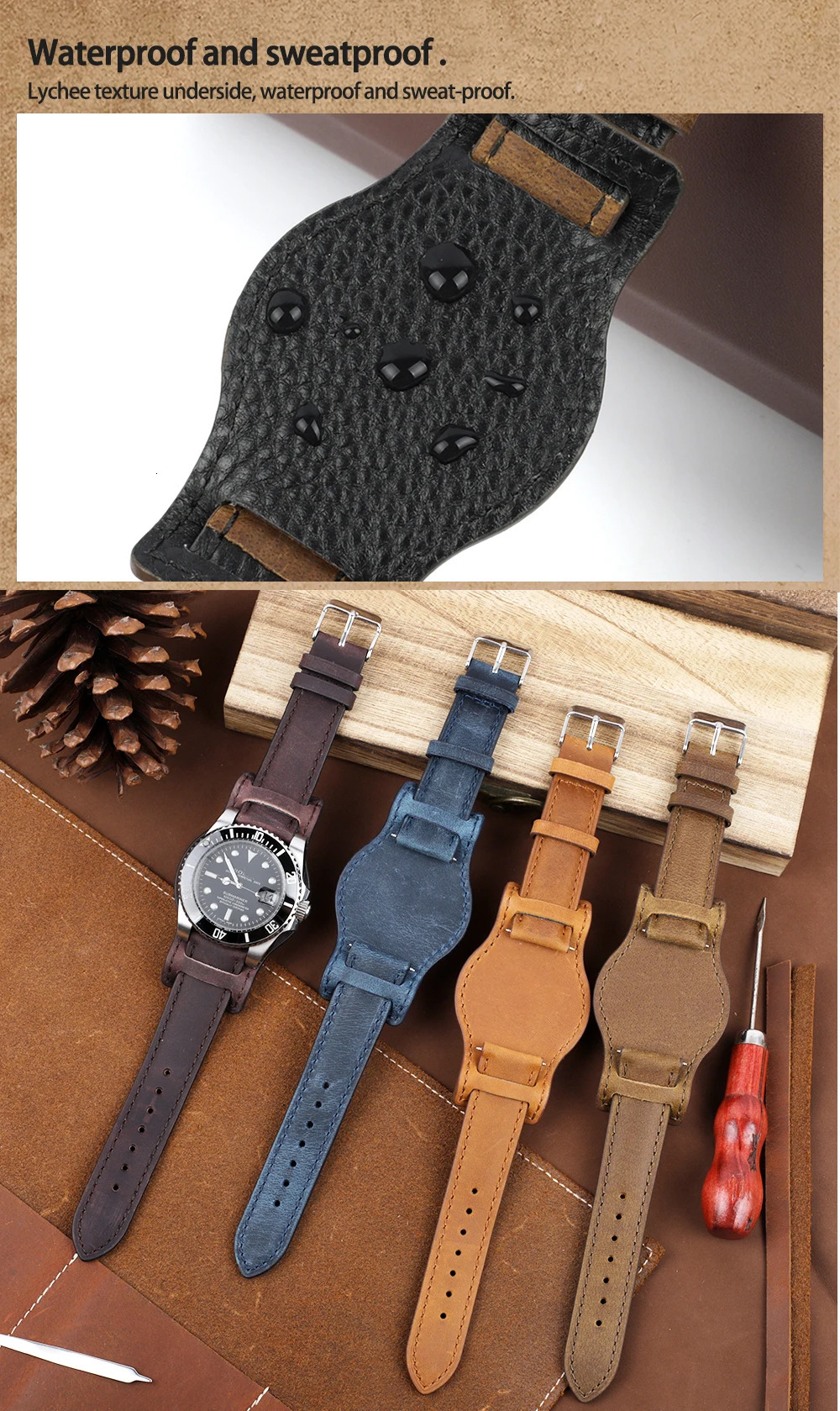 Handmade Crazy Horse Leather Watchband 18mm 19mm 20mm 21mm 22mm Watch Strap with Mat Genuine Leather Men Wristband Replacement 251016