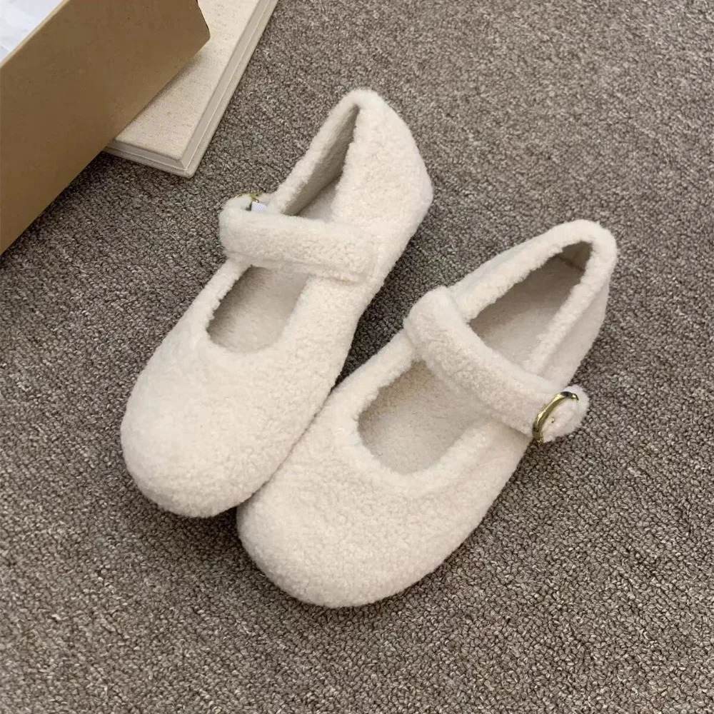Fashion Round Toe Wool Ballet Flats Warm Plush Loafers Ladies Fluffy Mary Jane Shoes in Red Grey 251013