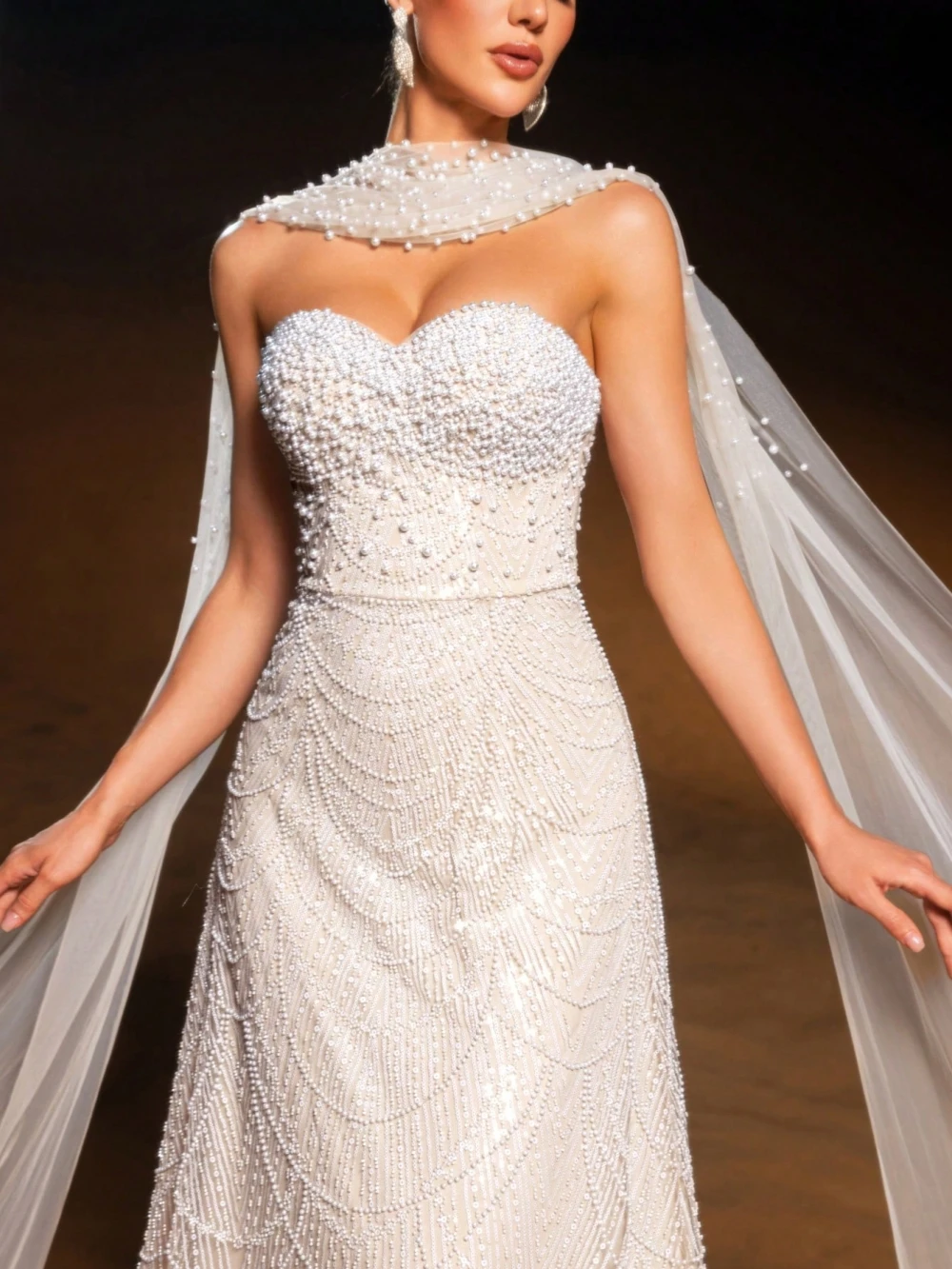 Graceful Pearls Evening Dresses Strapless Sequins Mermaid Prom Gowns with Scarf Sleeveless Princess Customized Vestidos De Noche Plus Size