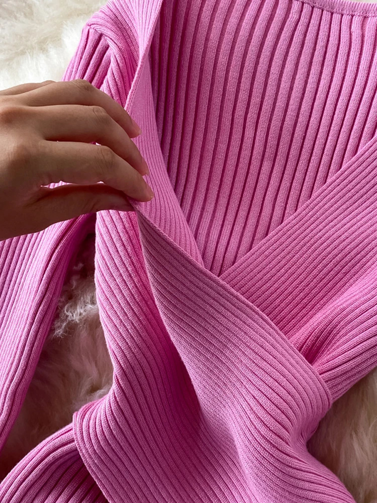 YuooMuoo Autumn Winter Women Dress Elegant Cross Vneck Slim Waist Knitted Bodycon Dress Korean Office Lady Vestidos 251017