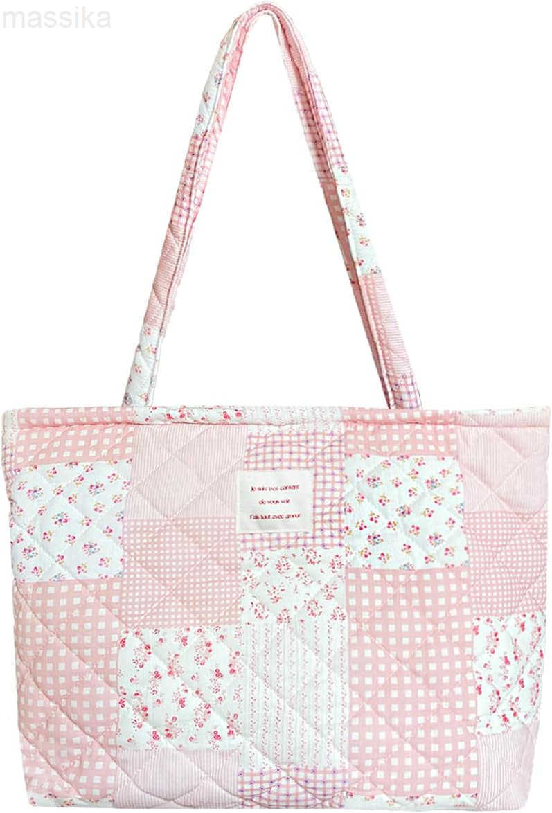 Small Floral Quilted Tote Bag with Zipper Closure for Women Girls M251017
