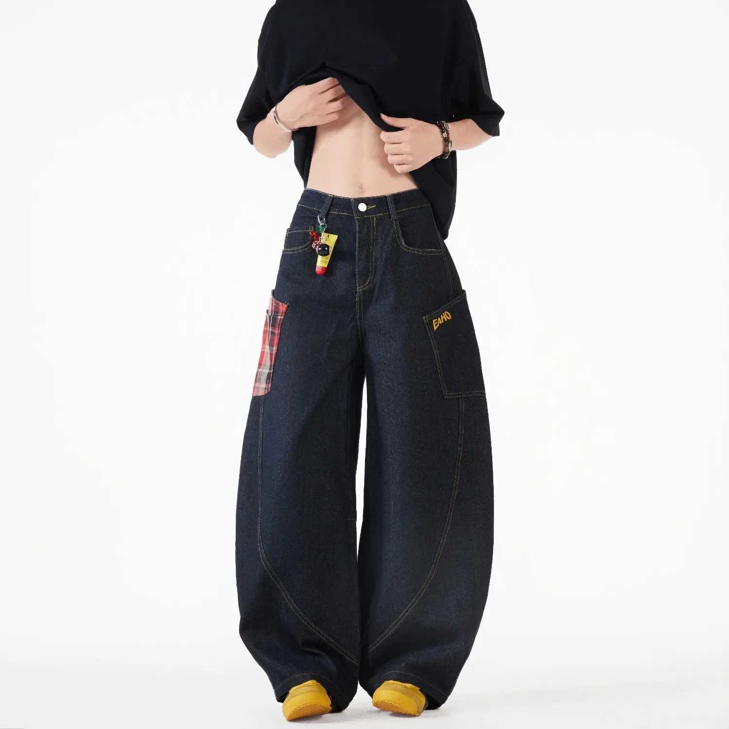 American Plaid Splicing Washed Cucumber Jeans Womens Summer New Wide Leg Loose Knife Edge FloorLength Pants J251016